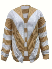 Casual Cardigan Women's Plus Stripe Long Sleeve Open Front Knit