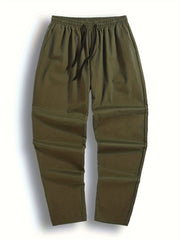Men's Solid Cotton Pants Casual Elastic Waist Drawstring Trousers