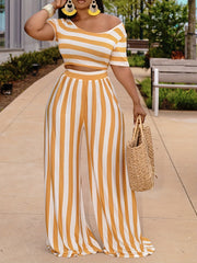 Striped Two Piece Set Short Sleeve Crop Top & Wide Leg Pants Women's Outfit