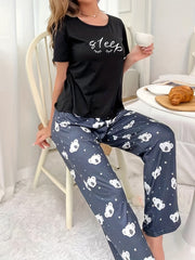 Koala Print Pajama Set Short Sleeve Top & Pants Women's Sleepwear