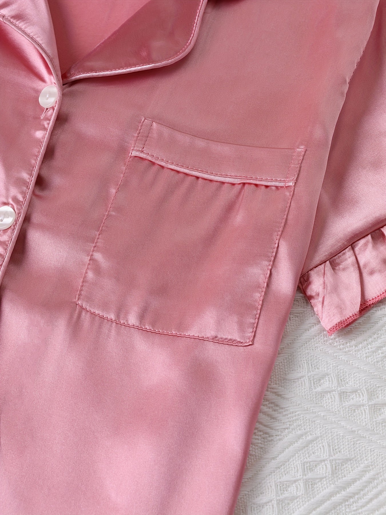 Satin Pajama Set Short Sleeve Top & Ruffle Shorts