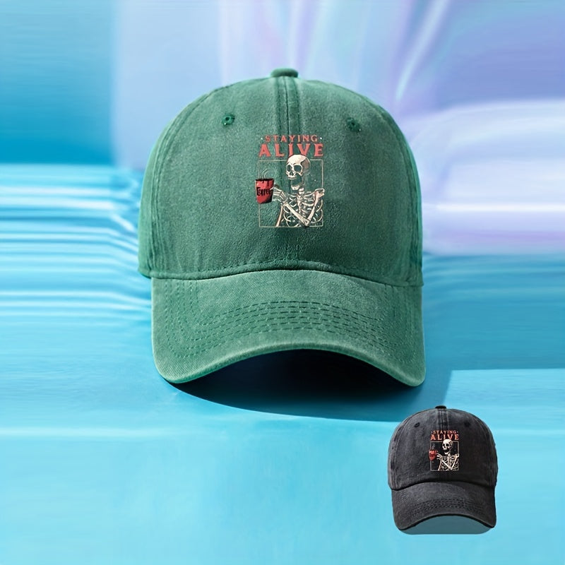 Staying Alive Skull Baseball Cap Washed Distressed Print Sports Hat