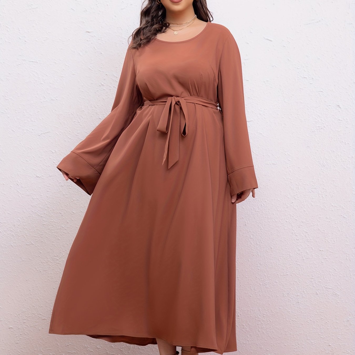 Boho Abaya Dress Women's Plus Solid Long Sleeve Maxi Jalabiya Dress