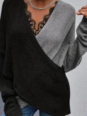 Contrast Lace Block Knit Sweater V-Neck Long Sleeve Casual Pullover