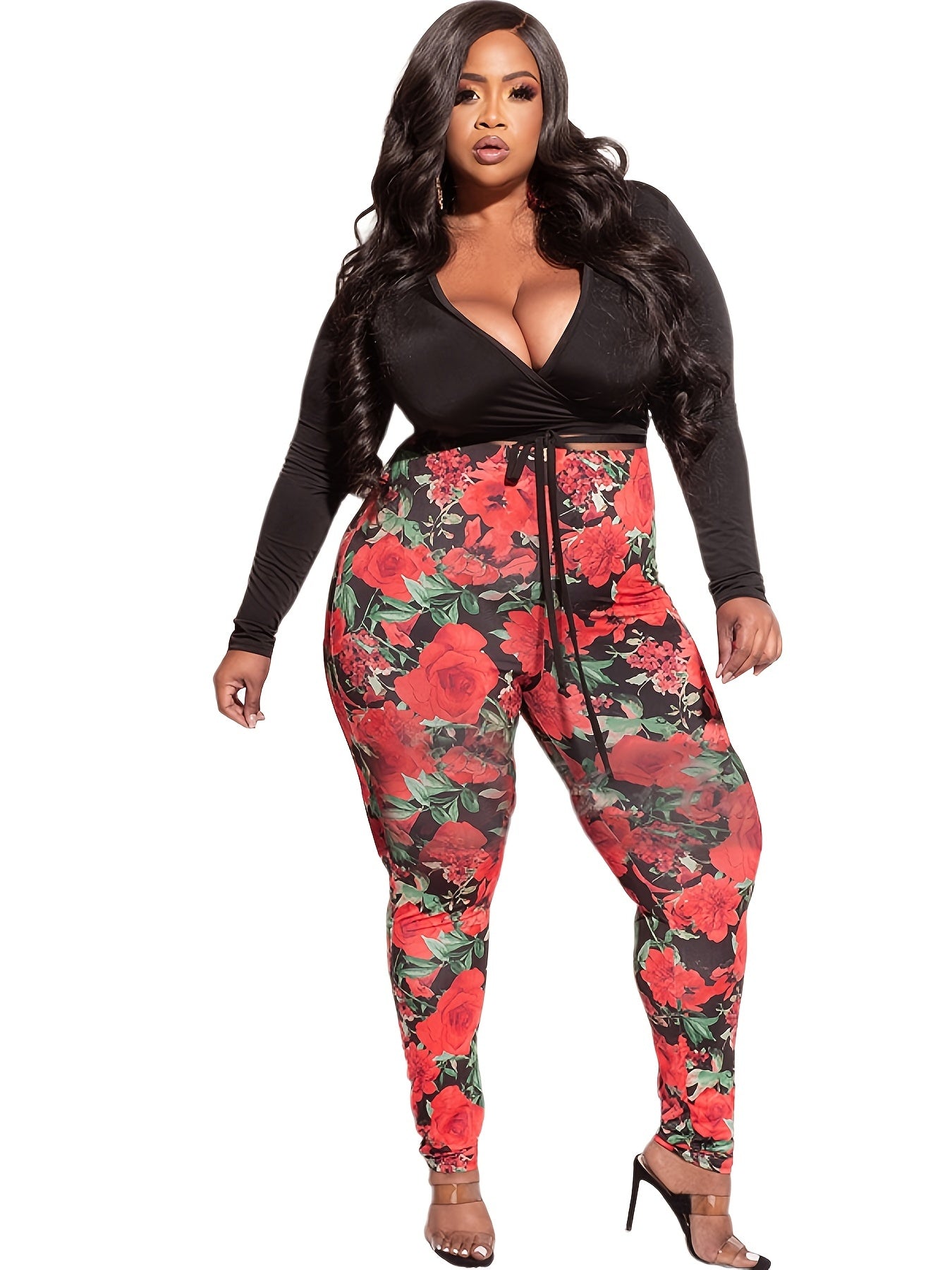 Plus Size Deep V Neck Knot Front Crop Top & Floral Print Leggings Set