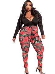 Plus Size Deep V Neck Knot Front Crop Top & Floral Print Leggings Set
