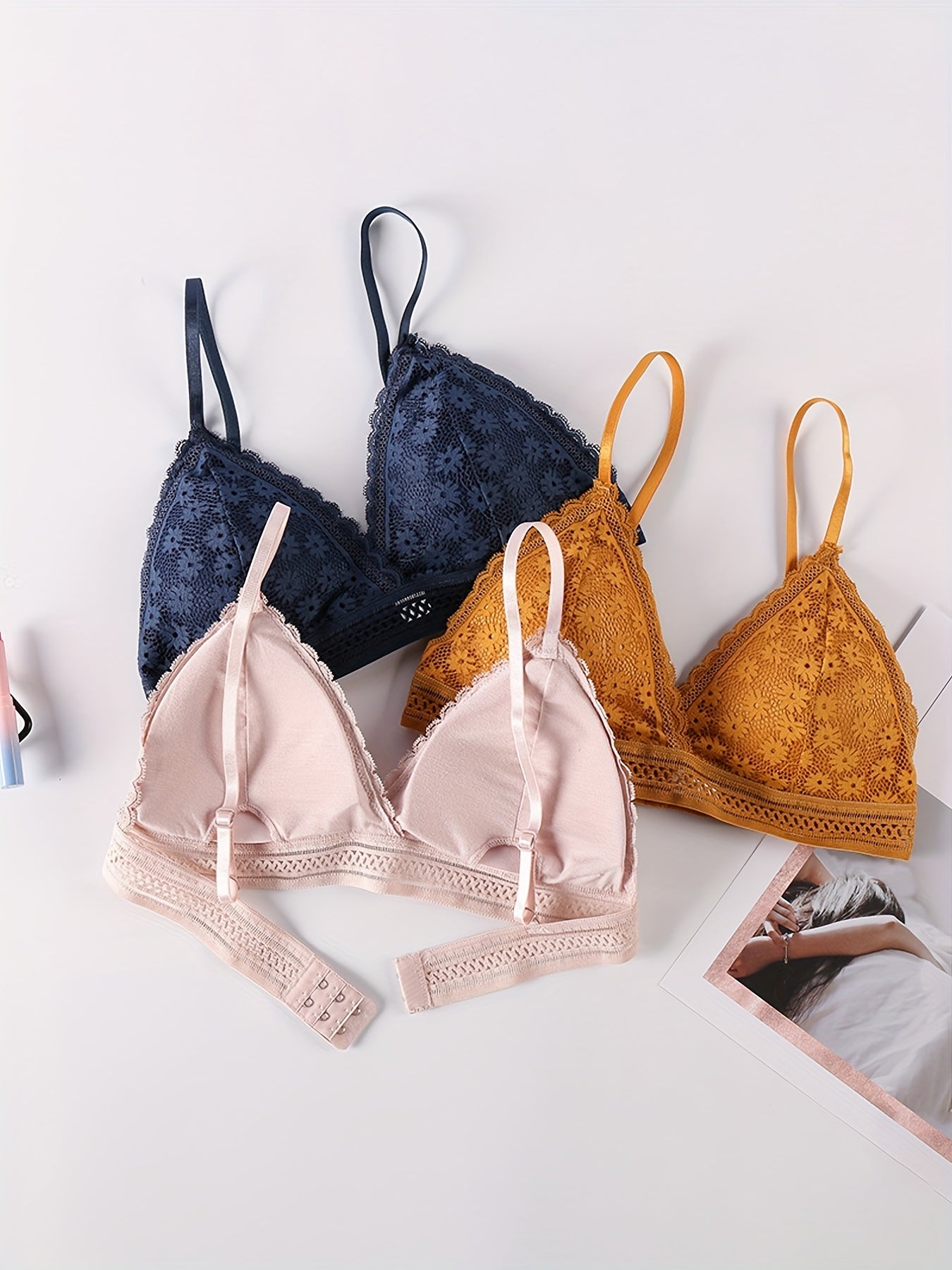 3pcs Girls Lace Bras Wire-Free Back Comfort Underwear with Chest Pad for Teens