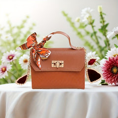 Pink Faux Leather Handbag with Geometric Pattern & Scarf Chain