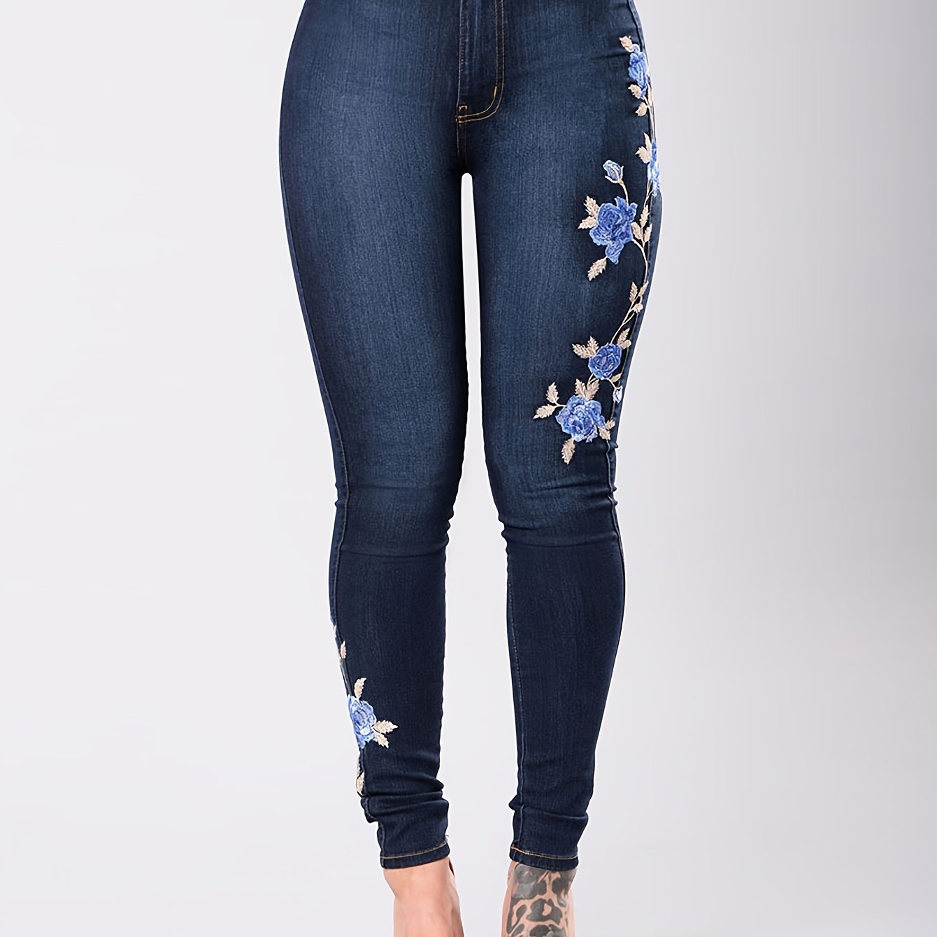Floral Embroidery Skinny Jeans Zipper Button Medium Stretch Denim Pants