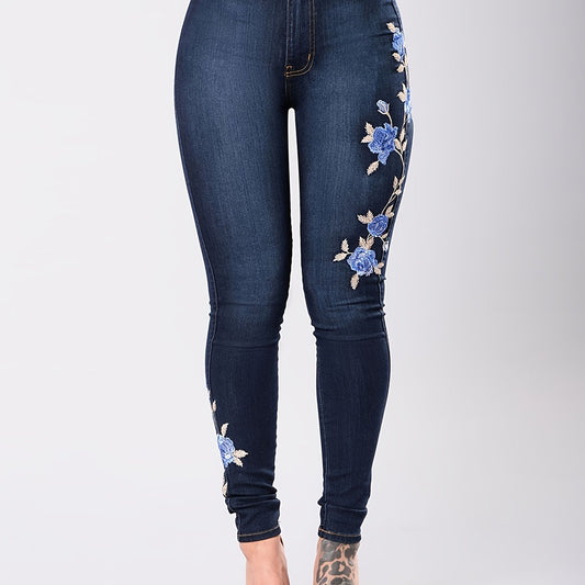 Floral Embroidery Skinny Jeans Zipper Button Medium Stretch Denim Pants