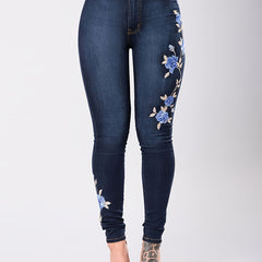 Floral Embroidery Skinny Jeans Zipper Button Medium Stretch Denim Pants
