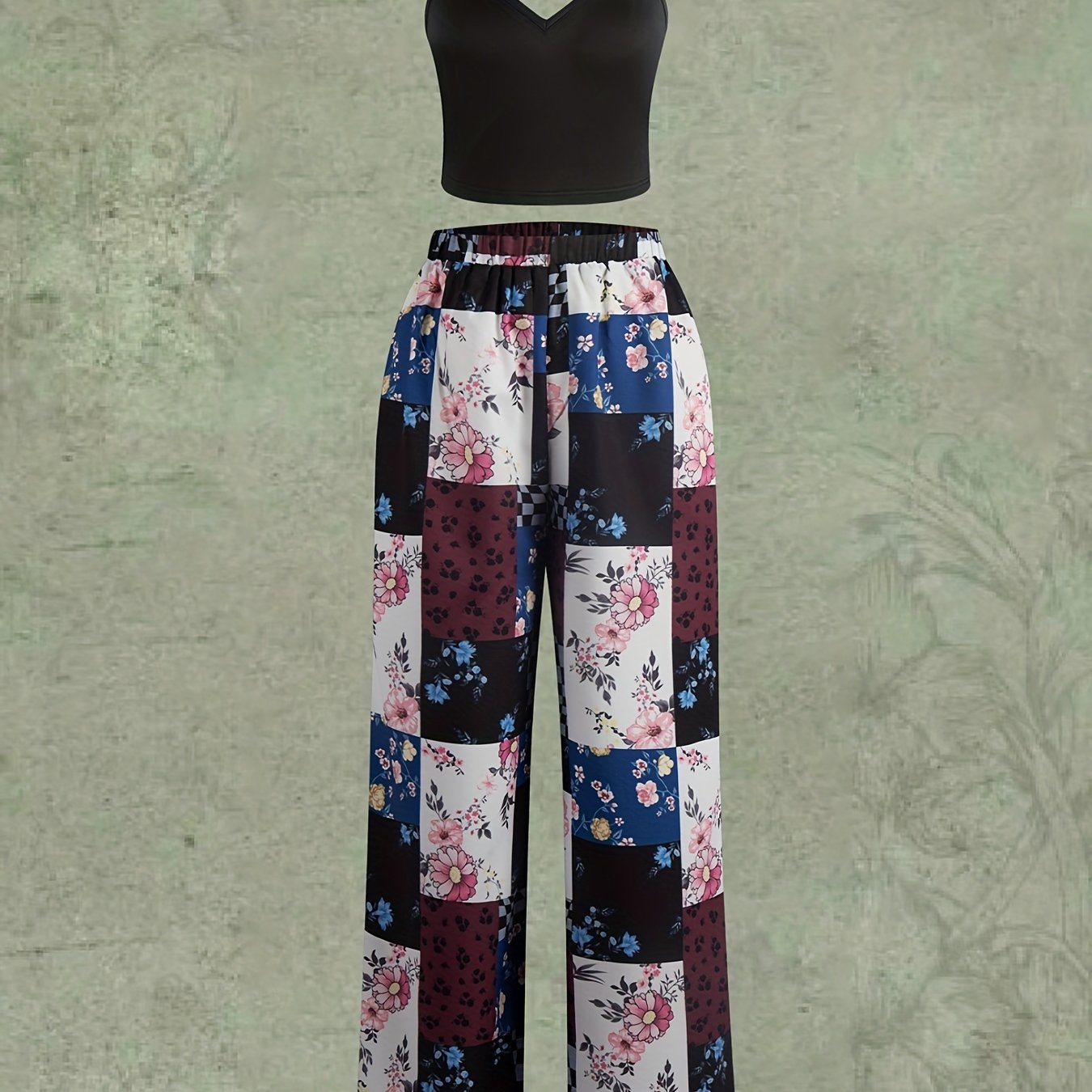 Hippie 2pc Set Solid Cami Top & Floral Wide Leg Pants
