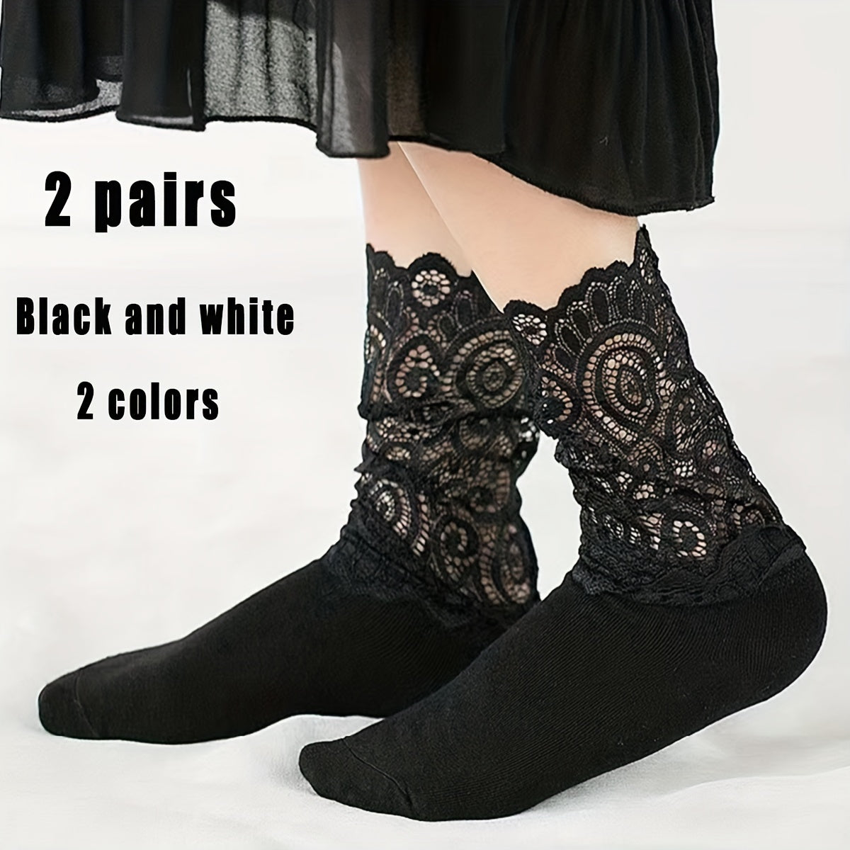 Contrast Lace Socks 2 Pairs Women's Mid Tube Stockings