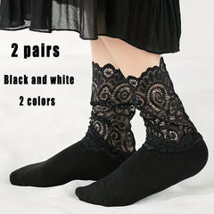 Contrast Lace Socks 2 Pairs Women's Mid Tube Stockings