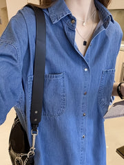 Casual Denim Top Women's Button Down Roll Up Sleeve Blouse