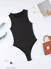 Solid Sleeveless Bodysuit Casual Crew Neck Summer Bodysuit Women's Clothing