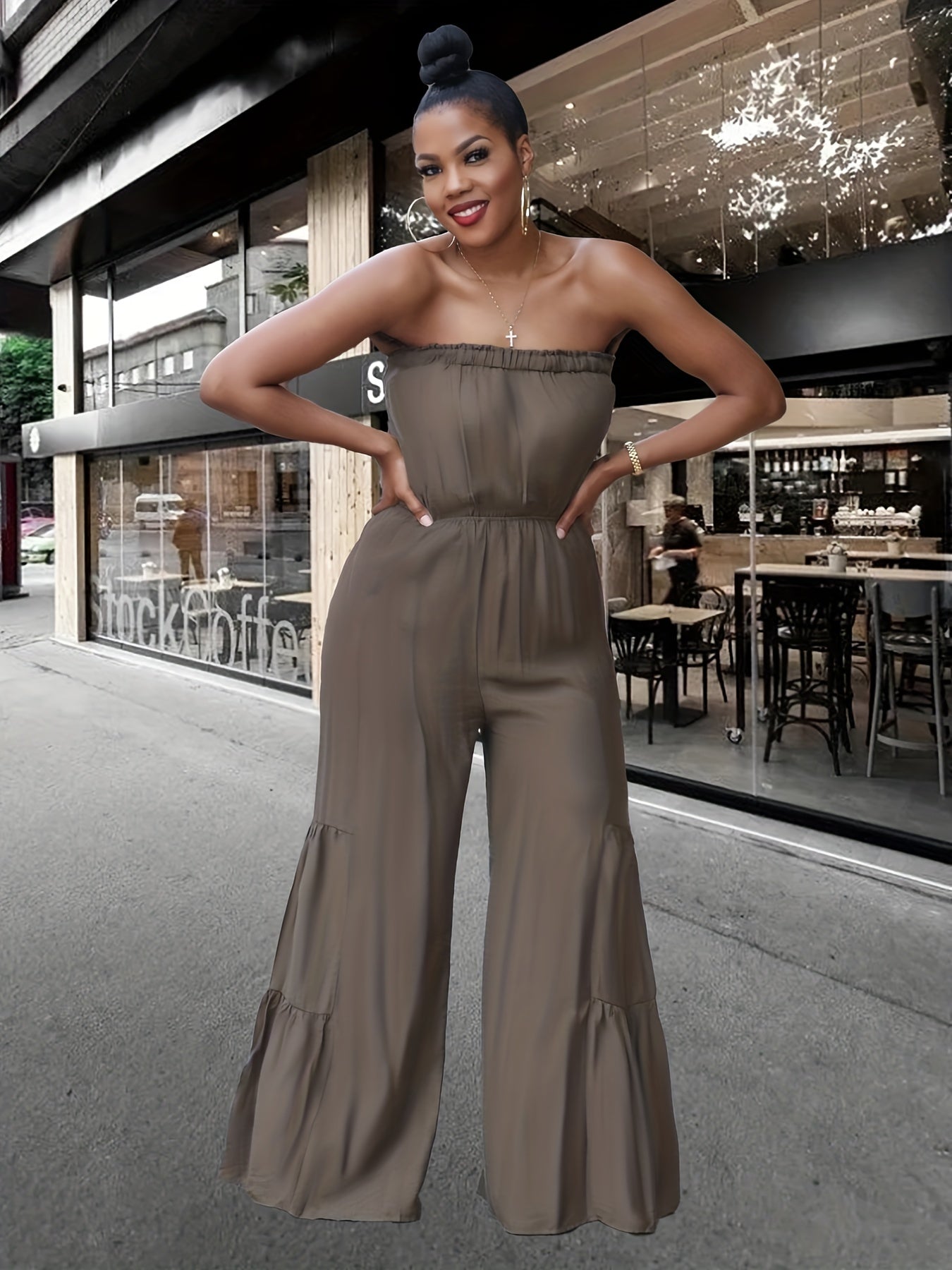 Solid Wide Leg Tube Jumpsuit Sleeveless Elastic Waist Jumpsuit