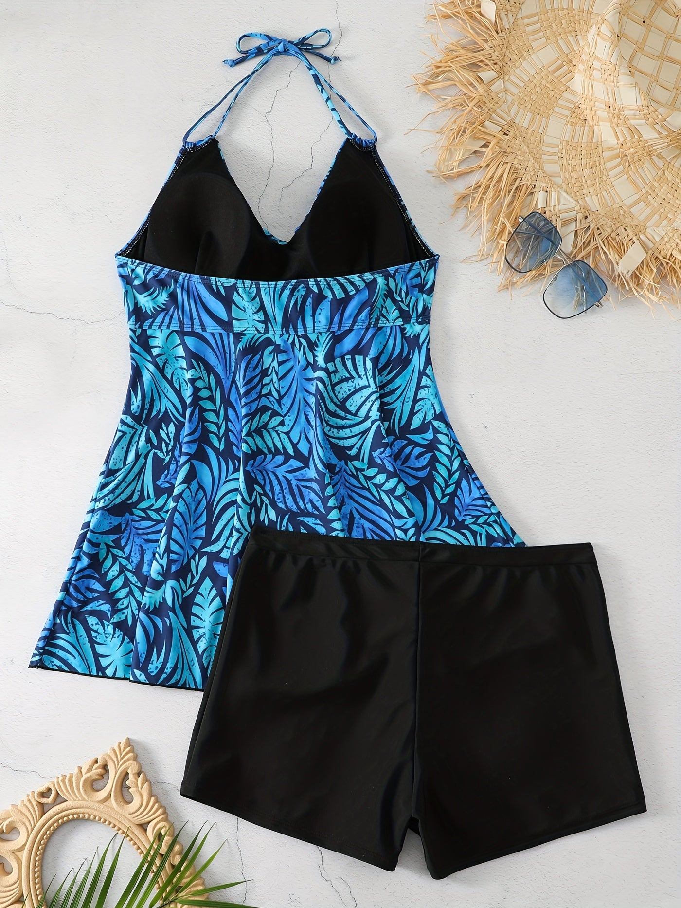 Vacay Tankini Set Leaf Print Halter Top & Shorts Swimsuit 2 Piece Set