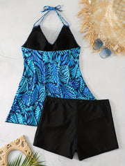 Vacay Tankini Set Leaf Print Halter Top & Shorts Swimsuit 2 Piece Set