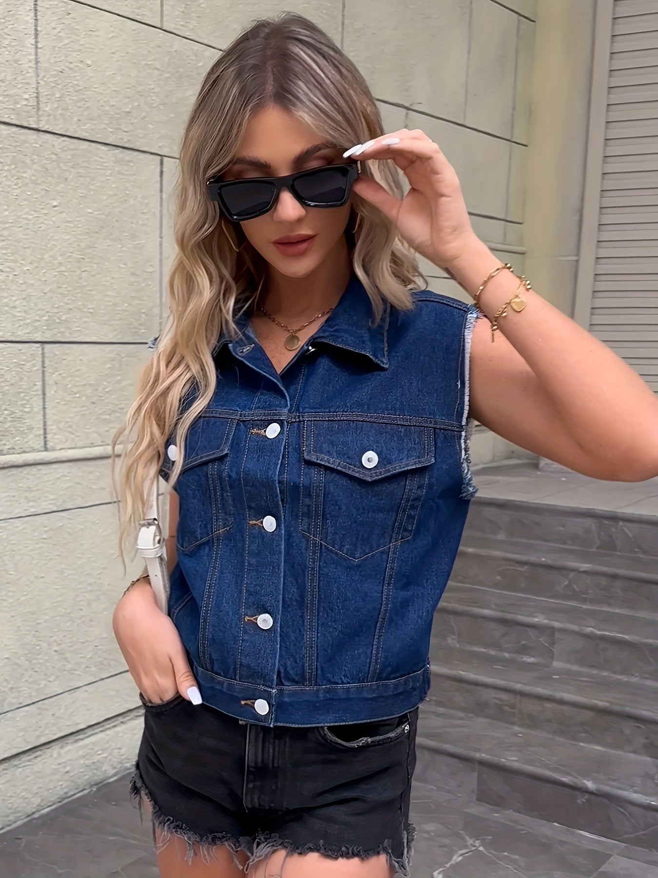 Sleeveless Denim Vest Flap Pockets Lapel Denim Jacket Women's Clothing