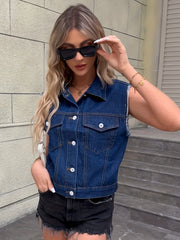 Sleeveless Denim Vest Flap Pockets Lapel Denim Jacket Women's Clothing