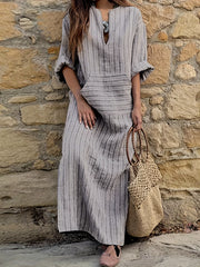 Stripe Print Loose Fit Maxi Dress with Pockets