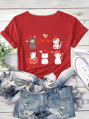 Cute Cat Print Heart T Shirt for Women