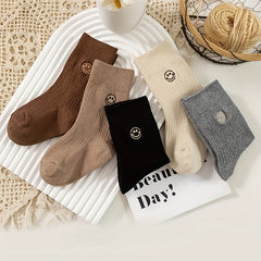5 Pairs Kids Cotton Thick Warm Socks Embroidered Smiling Face Boys Girls Baby