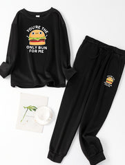 Cartoon Hamburger Print Long Sleeve Fleece Top & Joggers Pajamas Set