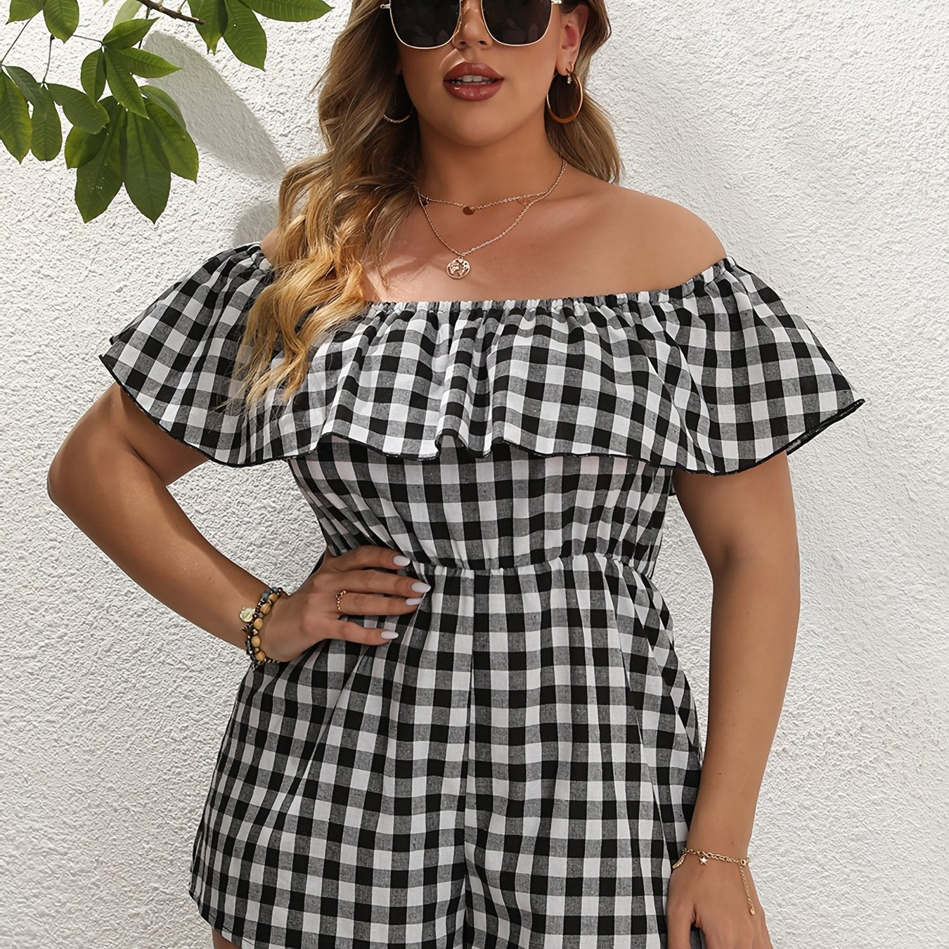 Off Shoulder Ruffle Trim Plaid Pattern Romper