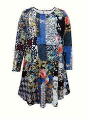 Boho Patchwork Print Long Sleeve Mini Dress