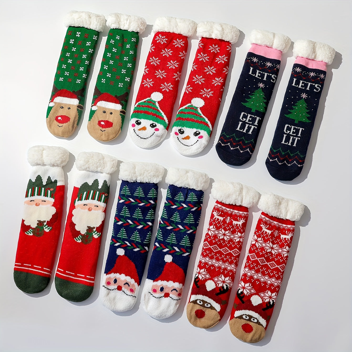 6 Pairs Christmas Print Plush Lined Socks Winter Warm Antiskid Floor Socks
