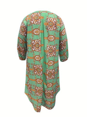 Boho Dress Women's Plus Graphic Print Lantern Sleeve Button Up Notched Neck