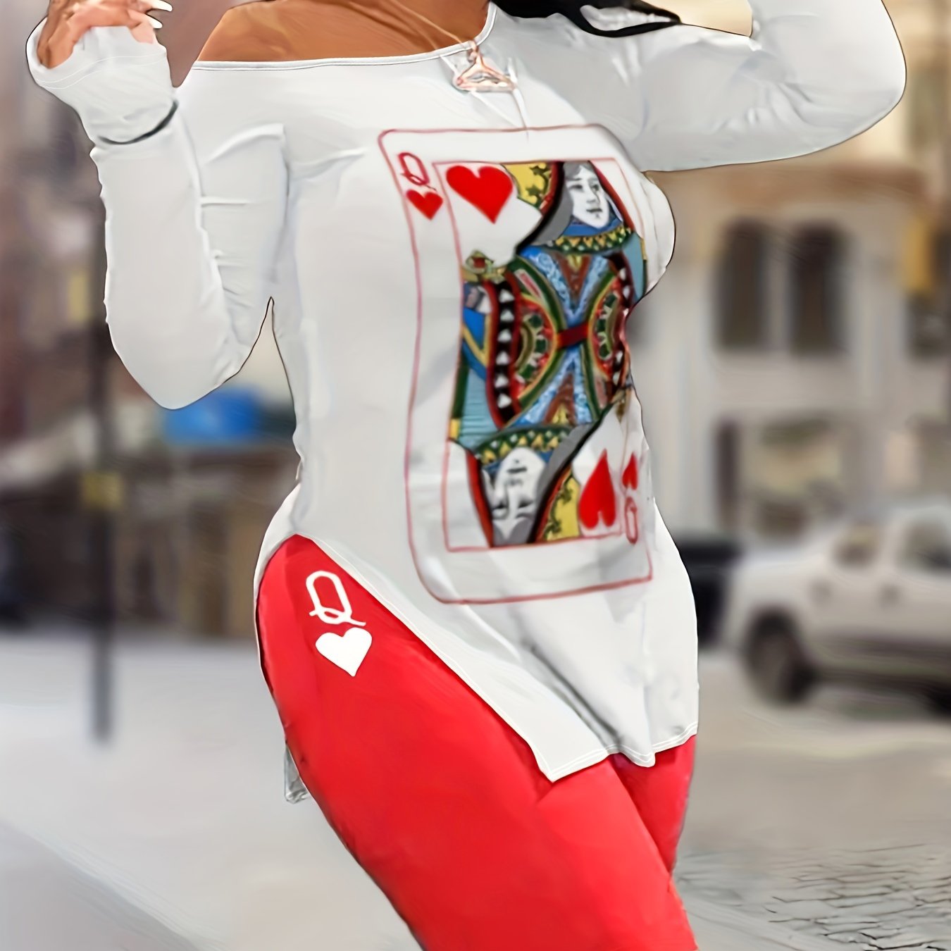 Poker Card Print One Shoulder Tee & Biker Shorts Set