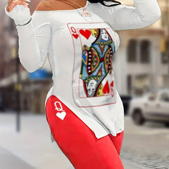 Poker Card Print One Shoulder Tee & Biker Shorts Set