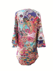 Paisley Print Layered Dress V Neck Flared Sleeve Dress