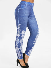 Floral Denim Print Leggings High Waist Seamless Long Length Leggings
