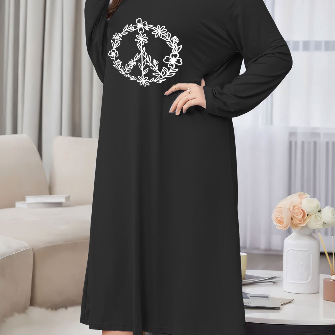 Floral Graphic Print Lounge Dress Long Sleeve Round Neck Nightdress