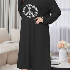 Floral Graphic Print Lounge Dress Long Sleeve Round Neck Nightdress