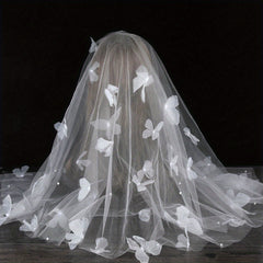 Short Wedding Veil with 3D Butterfly & Floral Tulle Sheer Layered Edge