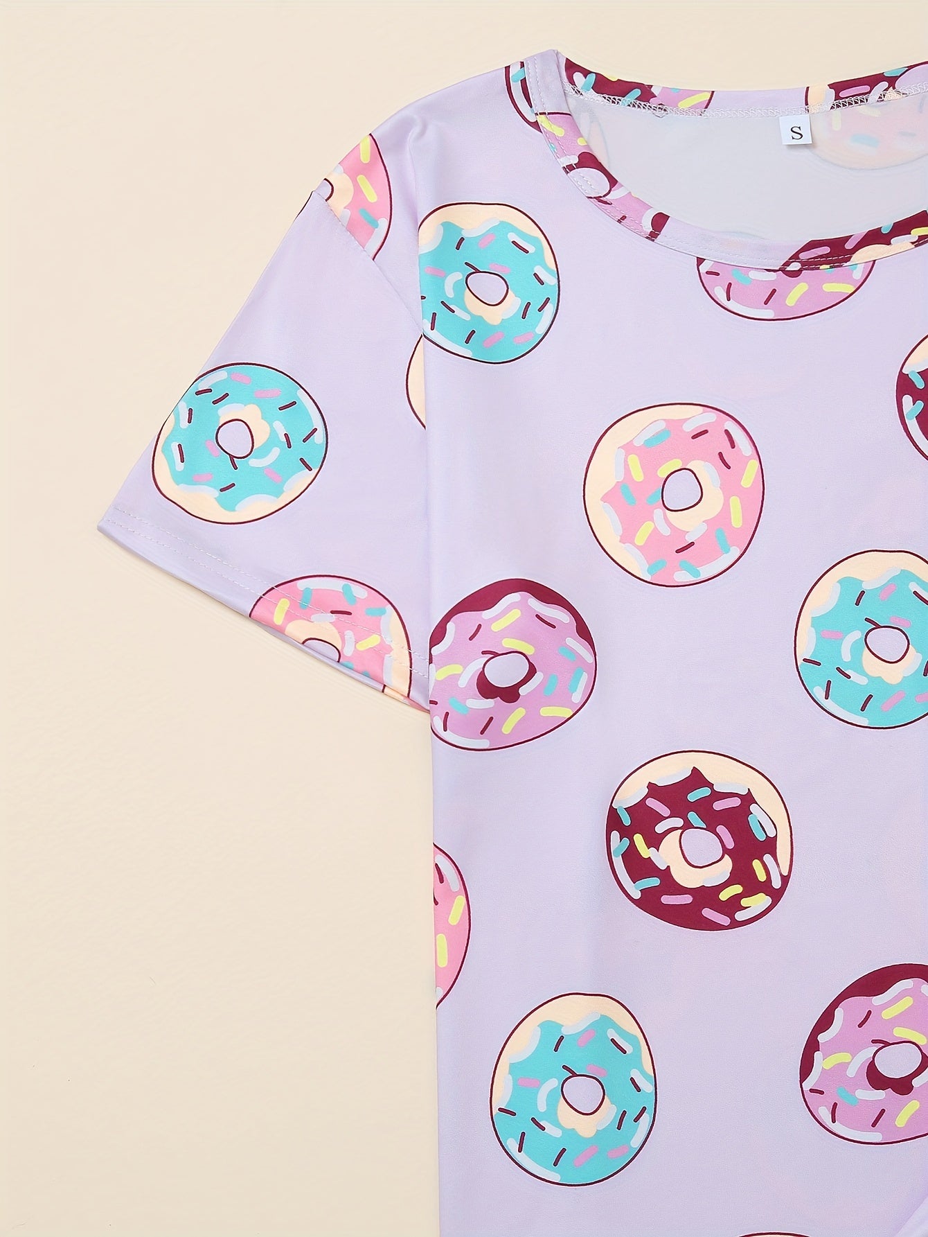 Donut Print Pajamas Set Short Sleeve Crew Neck Top & Shorts