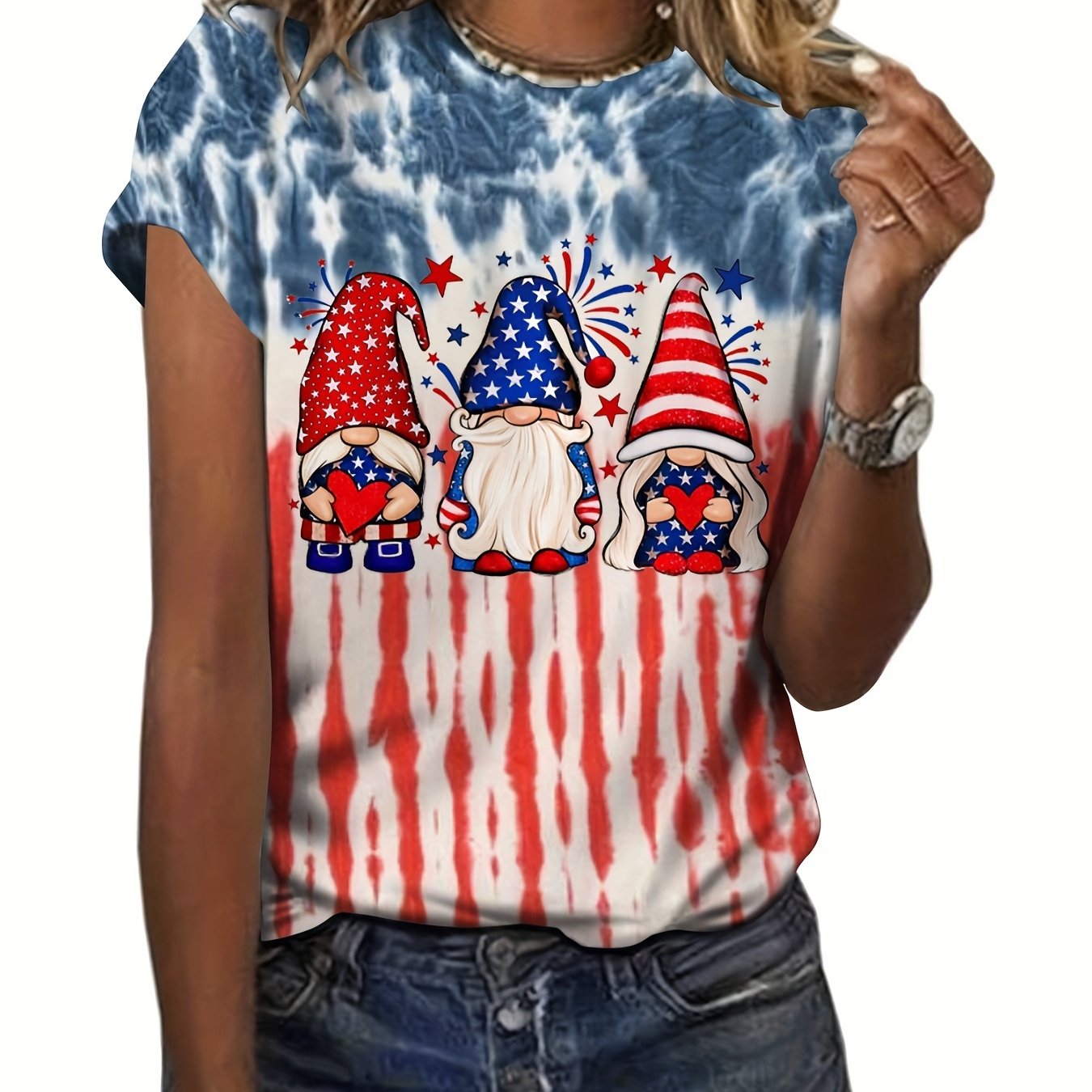 Summer Tie Dye Star Lips Print Short Sleeve T-shirt Women's Tops