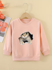 Cute Kitty Graphic Sweatshirt for Girls Round Neck Casual Pullover Tops