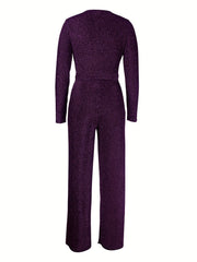 V Neck Tie Waist Jumpsuit Long Sleeve Women's Clothing