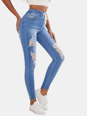 Ripped Holes Skinny Jeans Slim Fit Distressed Elastic Waist Versatile Denim Pant