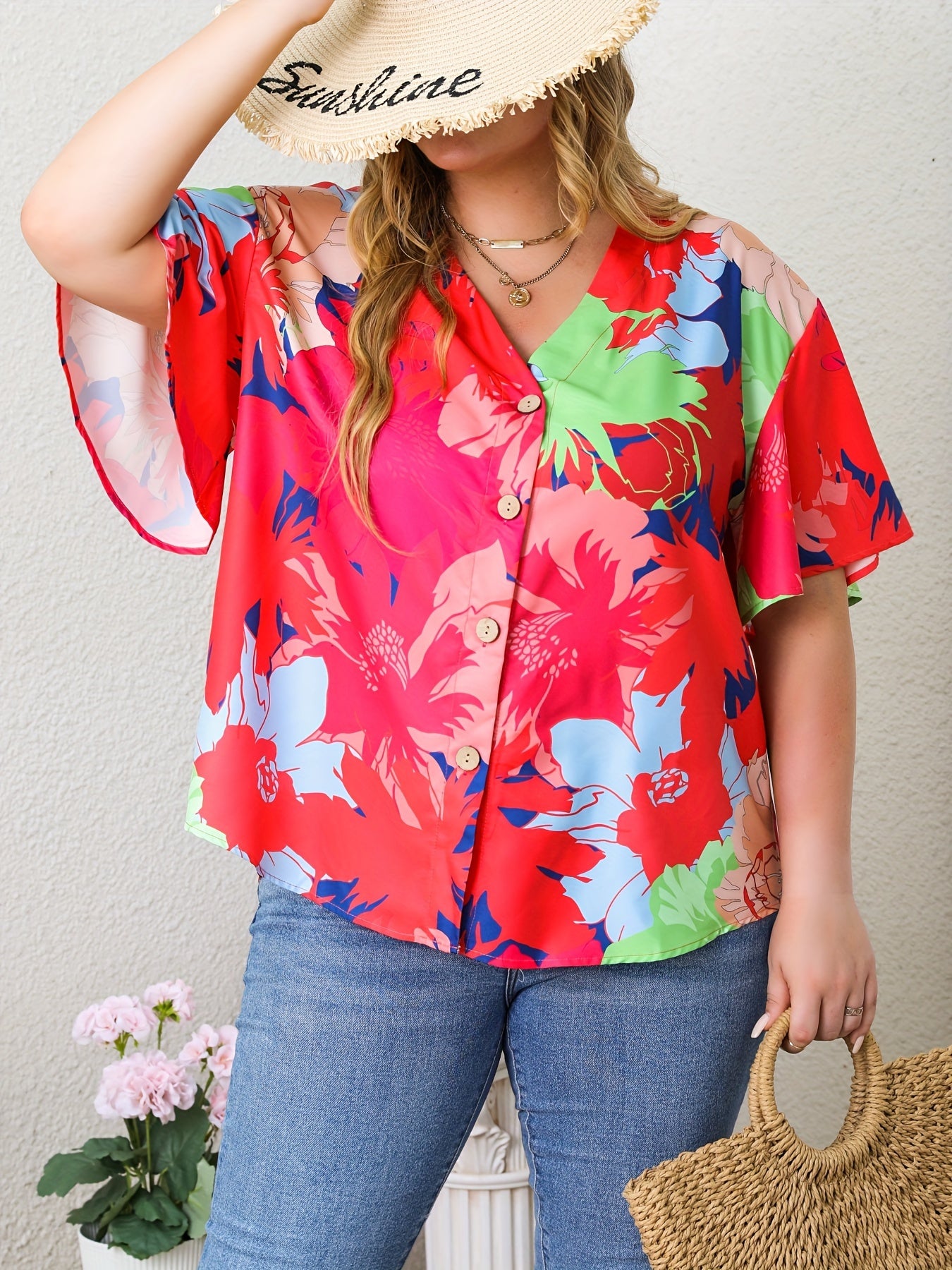 Casual Blouse Women's Plus Contrast Floral Print Half Butterfly Sleeve