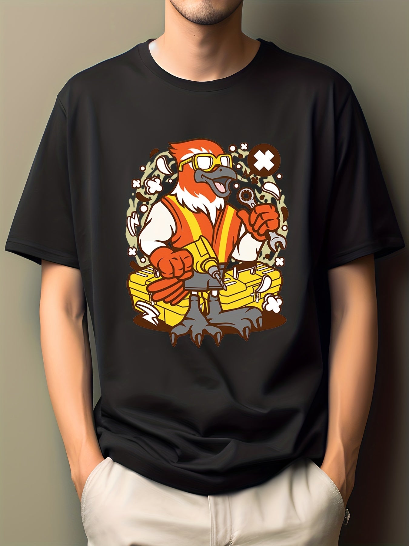 Men's Bird Guitar Print T-shirt Active Casual Crew Neck Tee