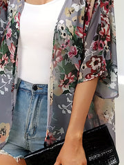Floral Print Open Front Chiffon Cardigan Cover Up Loose Fit 3/4 Sleeve