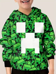 Pixel Square Print Hoodie Boys Loose Comfy Long Sleeve Hooded Sweatshirt