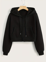 Hooded Sports Sweatshirt Zipper Up Long Sleeve Crop Hoodie